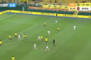 中甲赛场，苏州东吴队王彬翰上演精彩倒钩破门，绝平广东广州豹